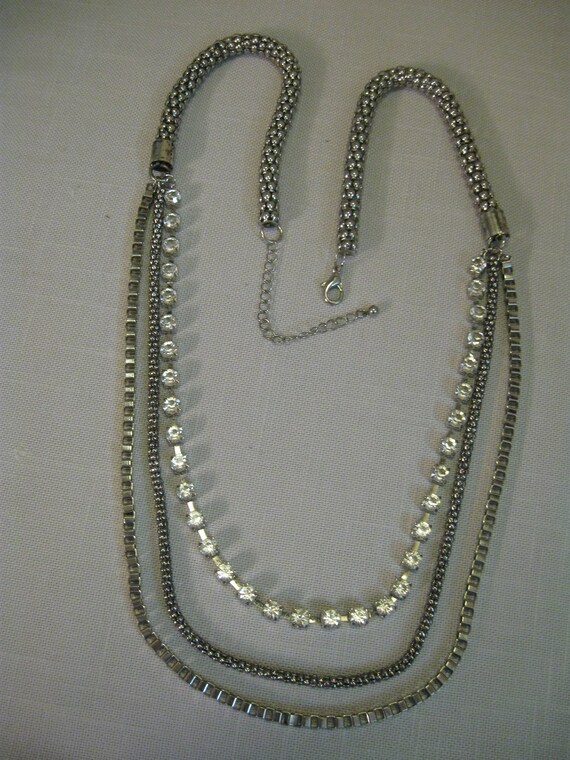 Necklace Silver Tone 3 Strands Ball Beaded Chain C