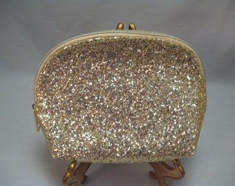 Evening Bag Cosmetic Clutch Purse Gold Tone Glitter Zipper Bag Black Interior No Inside Pocket Holiday Estee Lauder