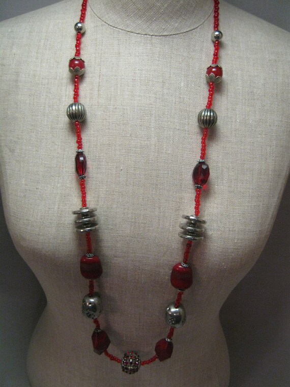 Necklace Red Beads Multi Size Silver Tone Bead Mu… - image 2