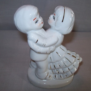 Figurine Ceramic Dancing Boy and Girl White with Gold Tone Details Boy has White Suit Girl Long Flowing Gown GOT 1950