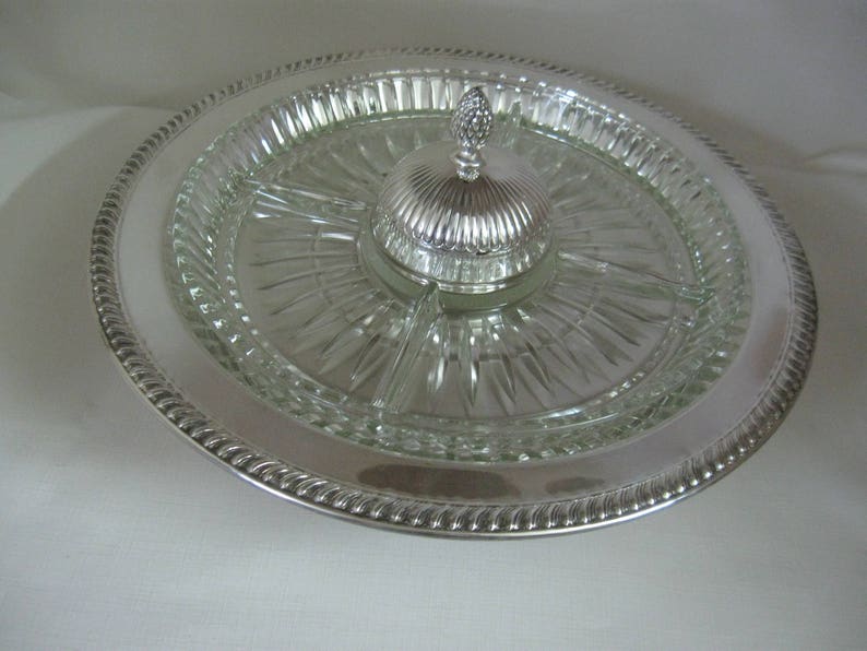 Lazy Susan Silver Plate With Glass Insert 1 Piece 4 Divisions Etsy