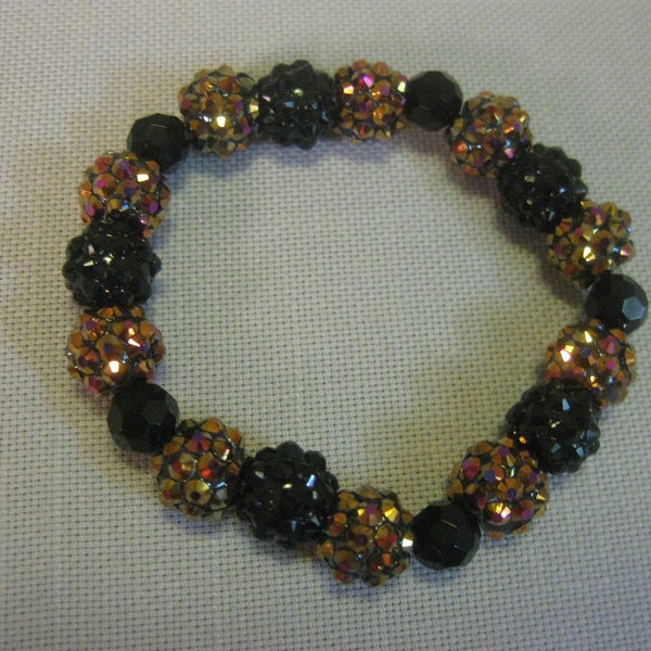 Bracelet Stretch Shamballa Strass Perles Noir Et Orange Rondelle Spacer Perles Rondelle