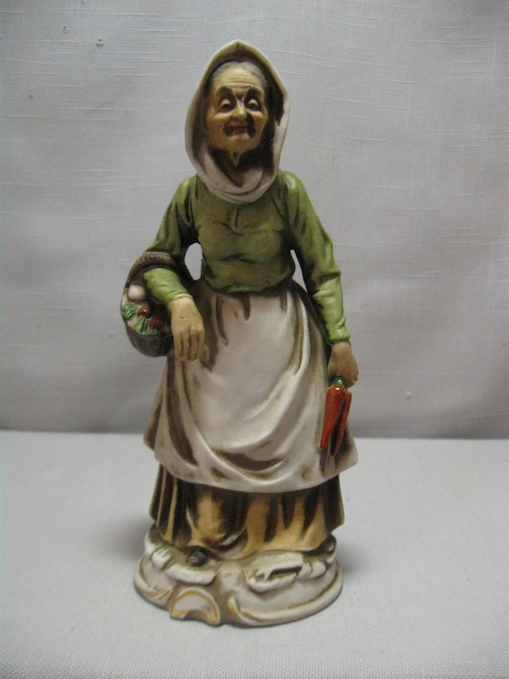 Figurine Bisque Porcelain Elderly Old Lady Carrying Carrots and