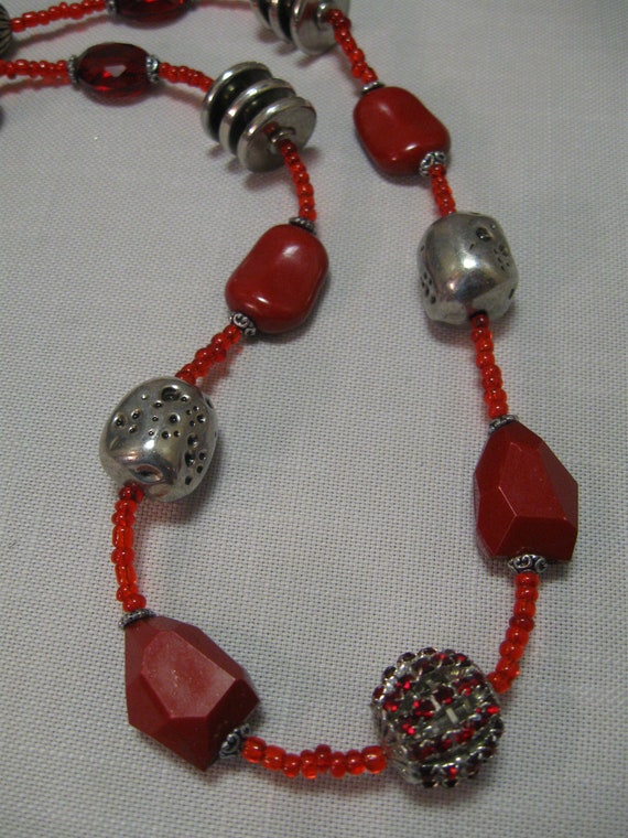 Necklace Red Beads Multi Size Silver Tone Bead Mu… - image 4