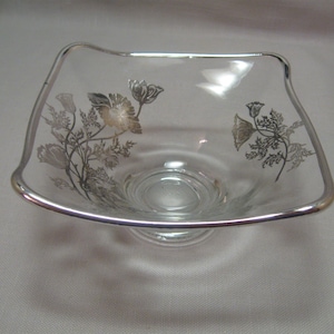 Sterling Silver Overlay Caprice Pedestal Bon Bon Candy Nut Dish Poppy Flowers Leaves Viking Glass Silver City Glass Co Flanders 1960