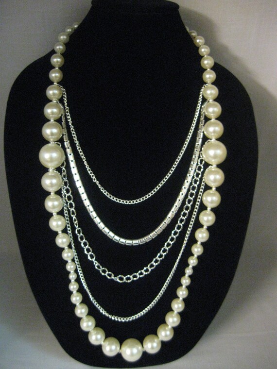 Necklace Multi Size White Faux Pearls 4 Silver To… - image 1
