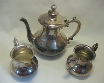 Vintage Silver Plate Quadruple Tea Pot Sugar Bowl Creamer Set #527 Beaded Rim Flower Design E Jaccard J Co 1852