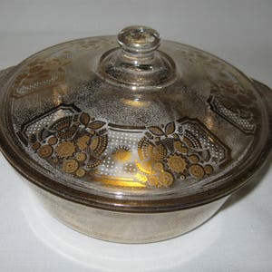 Fire King Glass 2 Qt Casserole Bowl With Lid Sign George Briard Gold Flecks Love Birds Sonata 1960