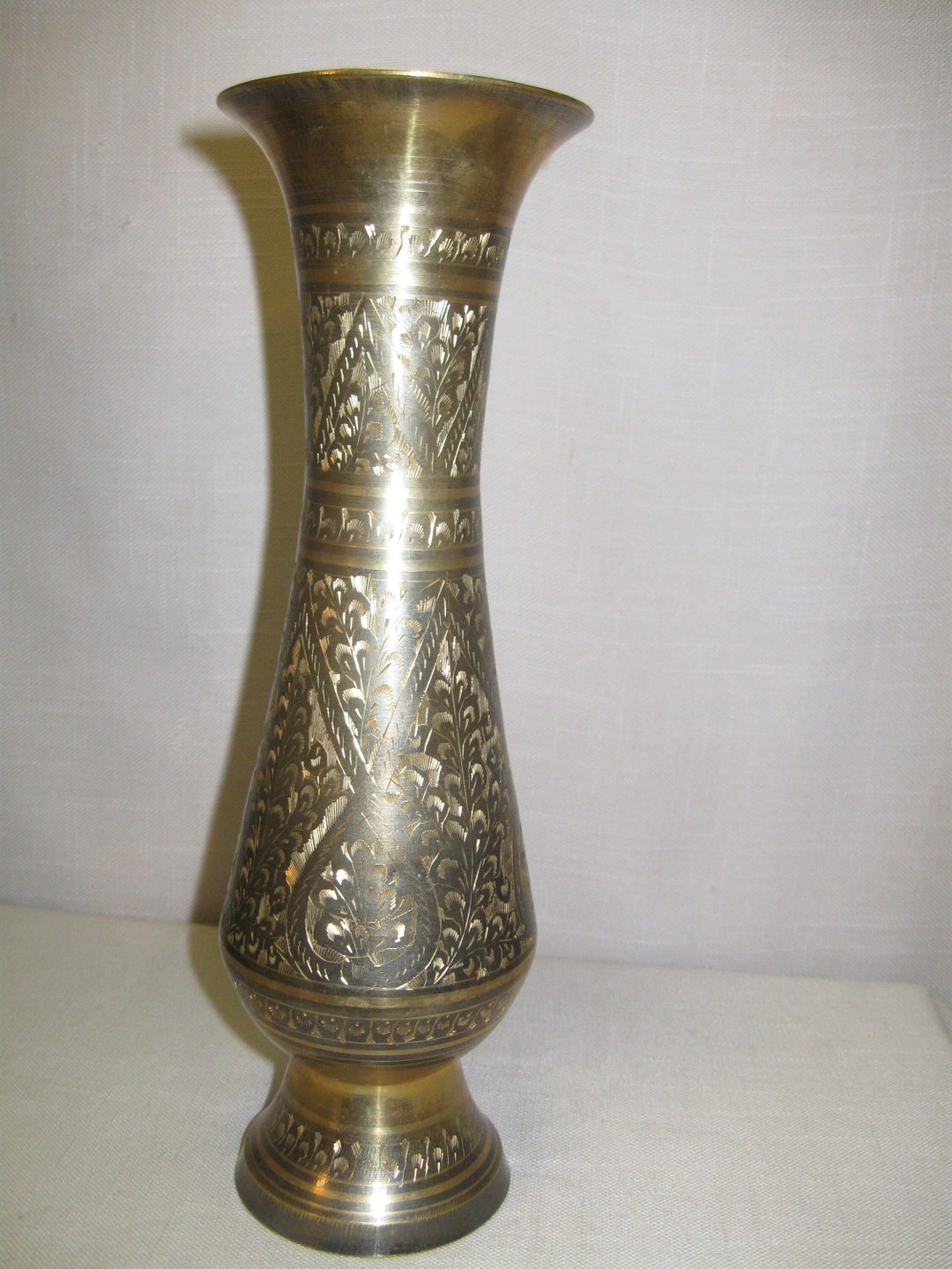 Brass Urn Vase Etch Design Leaves Pointed Loop Details 10 Inches Tall
