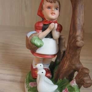 Ceramic Statue Figurine Girl With Ducks Standing By Bird House 1950-1960 image 4
