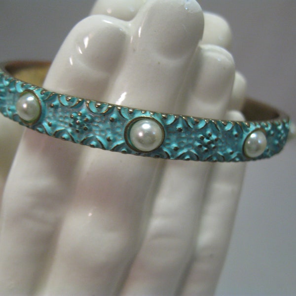 Bracelet Bangle Cuff Turquoise Tone Gold Tone Ornate Details Flower and Beads Faux Pearl Gold Tone Interior 1990