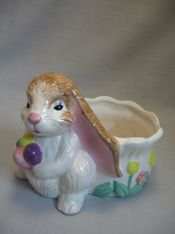 Figurine Ceramic Floppy Ear Rabbit Candy Dish Vase Holding Etsy