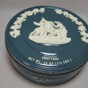 Collector Tin Metal Box Greek Grecian Women with Pegasus Horse Gray Blue Box With White Embossed Shirley Jean Fruit Cake Tin 1950-1960