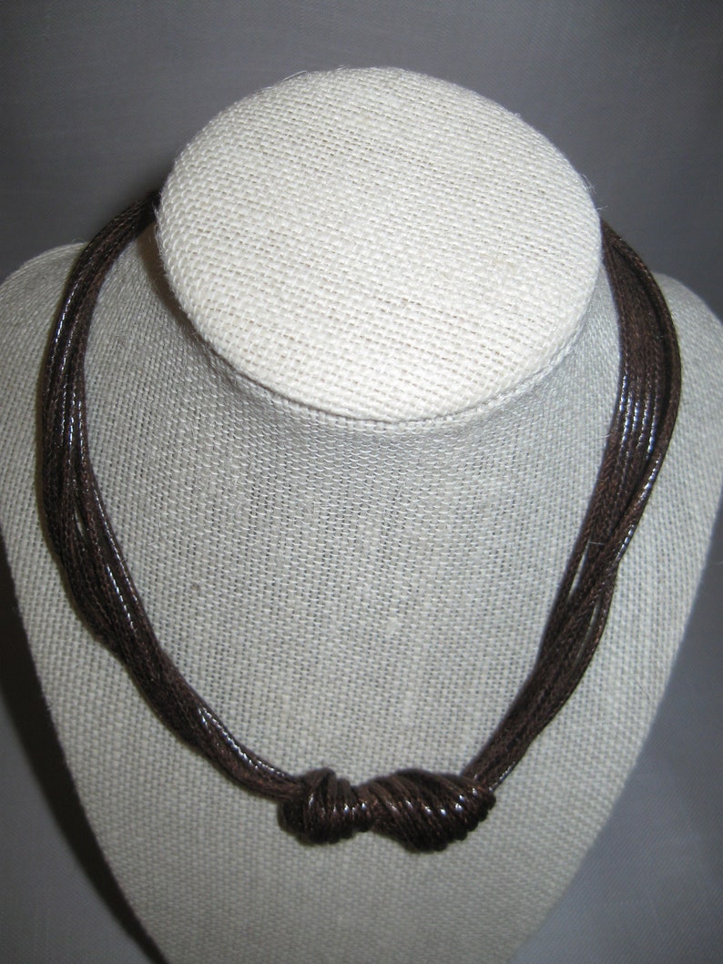 Necklace Choker Brown Faux Leather 2 Knotted Cord Pendants 7 Strands Gold Tone Lobster Clasp image 1