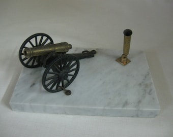 Desktop Brass Military Cannon Mobile Field Artillery Marble White and Gray Base 1 Metal Pen Holder 1990