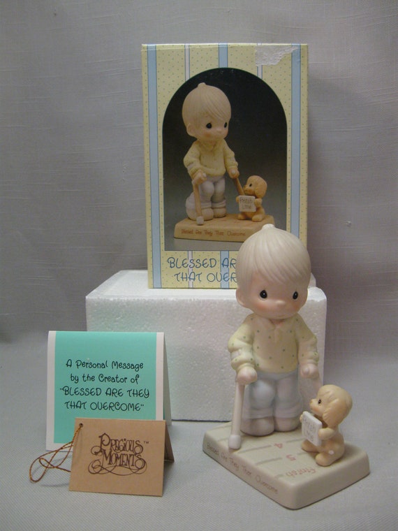 Precious Moments Figurine Bisque Porcelain Blessed Are They That Overcome Sam J Butcher #115479 Easter Seals Sponsor Enesco Collection 1987