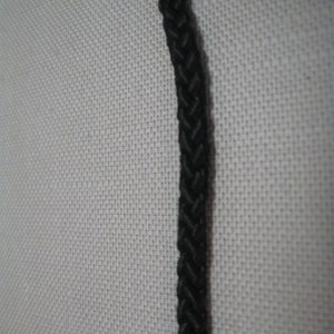 May include: A close-up of a black braided cord against a white textured background.