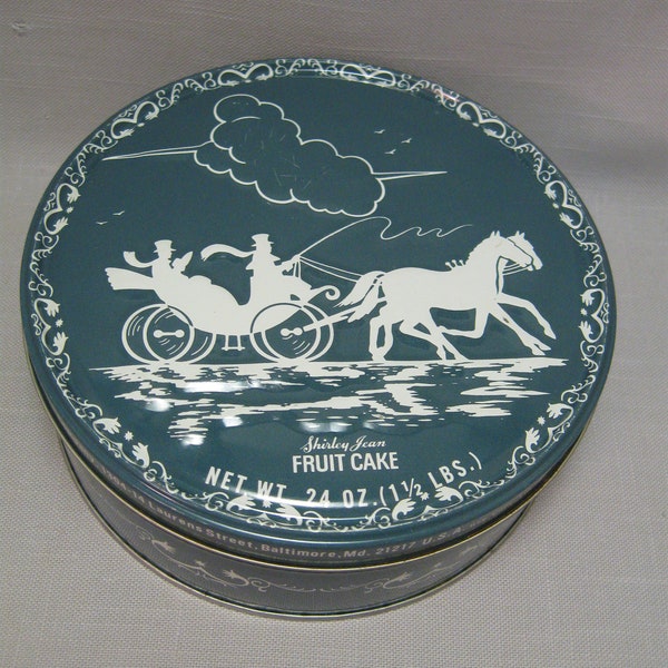 Collector Tin Metal Keepsake Box Horses Pulling Buggy Carriage Gray Blue Box With White Embossed Shirley Jean Fruit Cake Tin 1950-1960