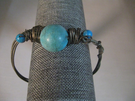 Bracelet Bangle Wire Wrap Rustic Silver Tone Turq… - image 1