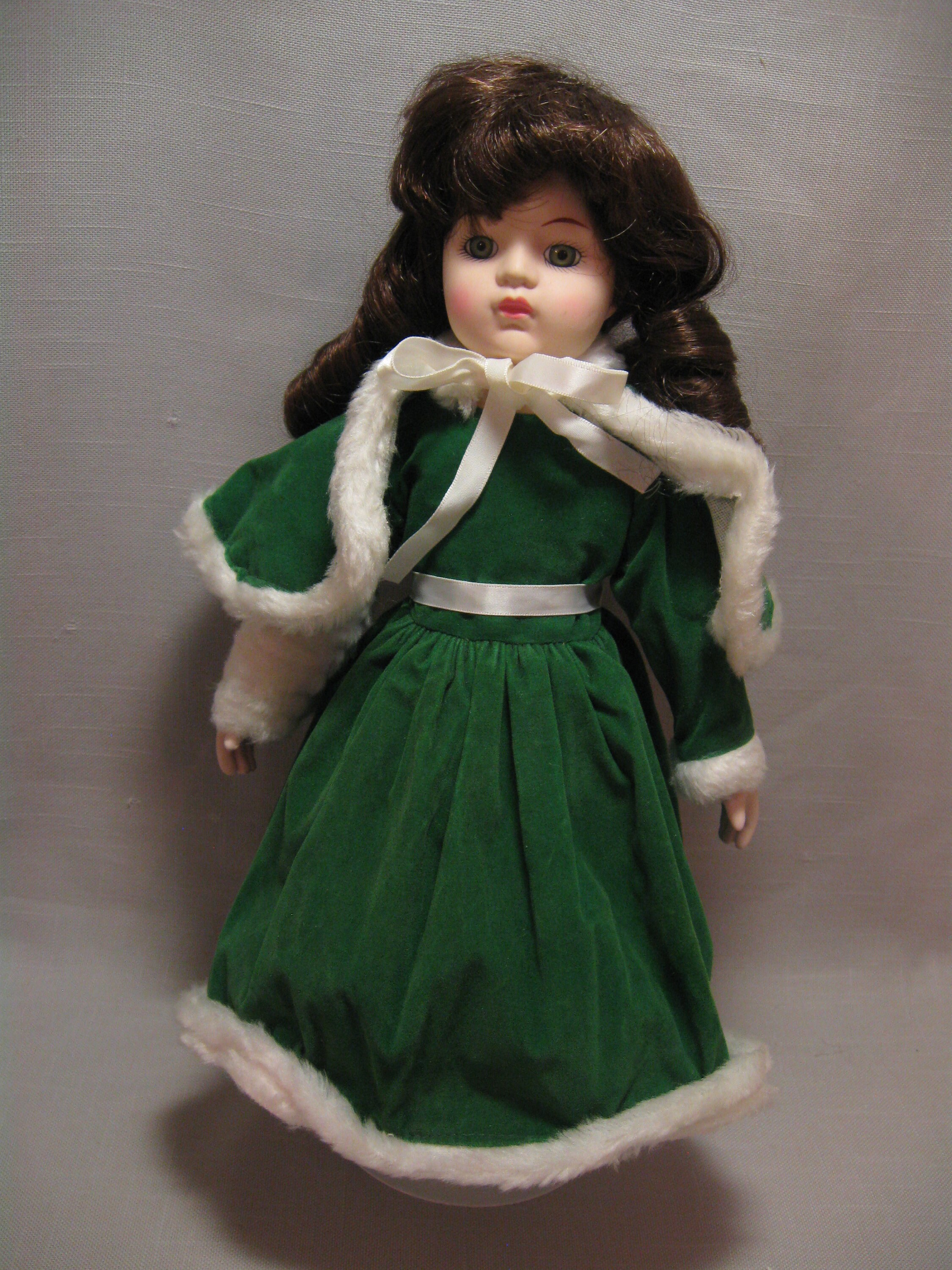 Doll Porcelain Holiday Green Cape and Dress White Faux Fur