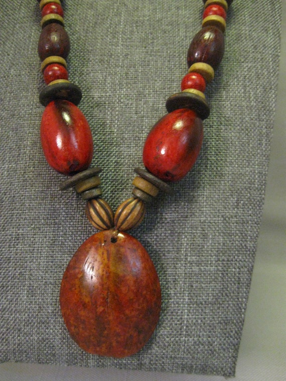 Necklace Wooden Pendant Brown Beige Multi Size Be… - image 2