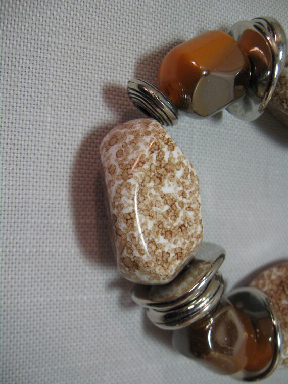 Bracelet Chunky Stretch Brown Speckle Bead Silver… - image 3