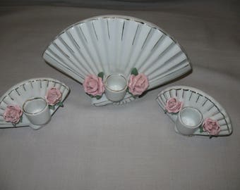 Candle Sticker Holder Fan Design Qty 3 Stand Up Wall Hung Pink Roses Gold Design 1980
