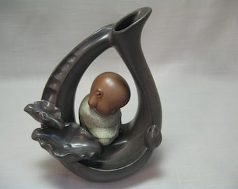 Oriental Asian Chinese Figurine Baby Buddha Monk Sleeping Flower Pot Planter Bud Vase Brown Flowers Bud Greens