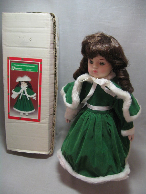 Doll Porcelain Holiday Green Cape and Dress White Faux Fur White