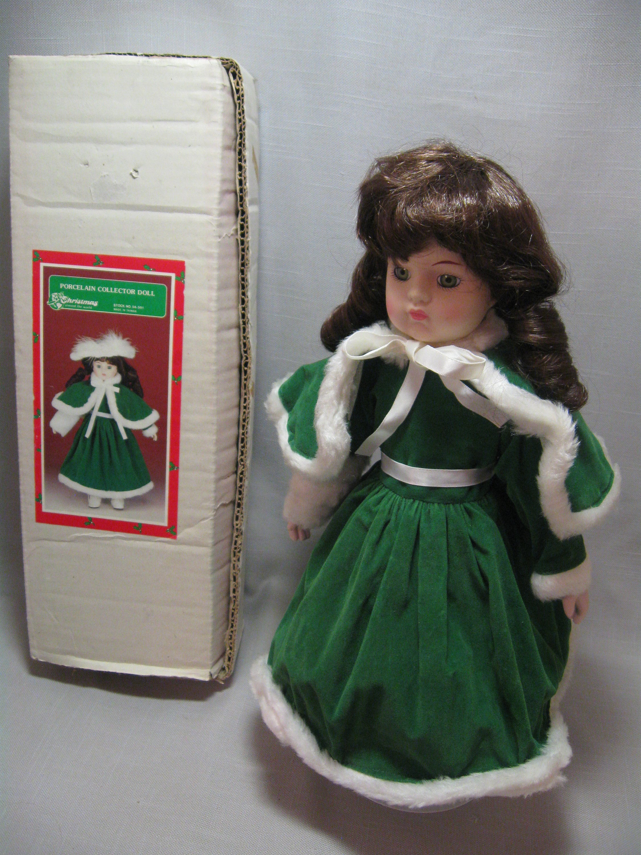 Doll Porcelain Holiday Green Cape and Dress White Faux Fur