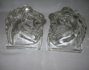 Figurine Crystal Clear Glass Horse Bust Head Book Ends Pair Qty 2 Equestrian Federal Glass Co 1900-1979