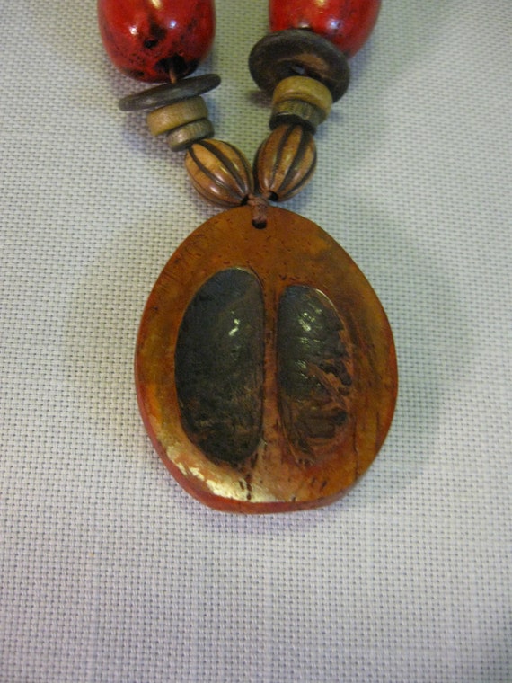 Necklace Wooden Pendant Brown Beige Multi Size Be… - image 6