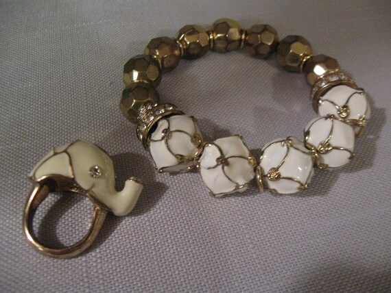 Bracelet and Elephant Head Soft Ivory Ring Rhines… - image 1