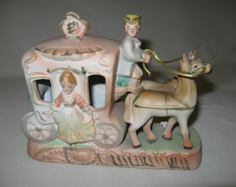 Porcelain Bisque Figurine Horse Drawn Colonial Victorian Carriage Gold Tone Reins Victorian Lady Stepping Down  1940-1950