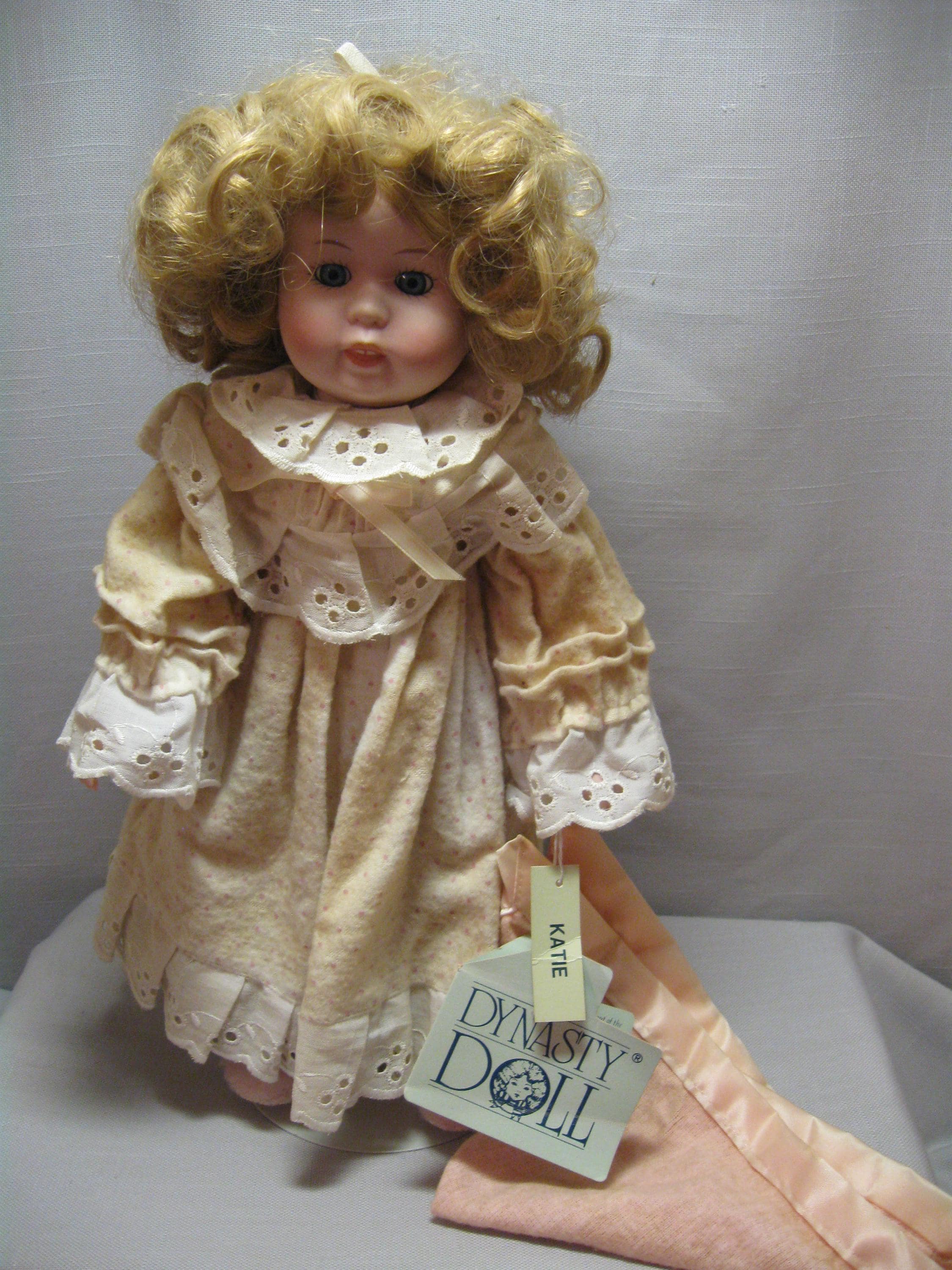 Doll Porcelain Name Katie Blonde Hair Blue Eyes Light Pink