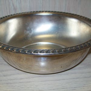 May include: A silver bowl with a decorative, rope-like rim. The bowl is made of metal and has a shiny, reflective surface.