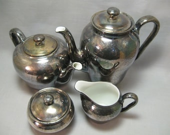Tea Pot Set Silver Plate Over White Porcelain 2 Tea Pots Creamer Sugar Bowl With Lid Hammer Details On Upper Part  1990