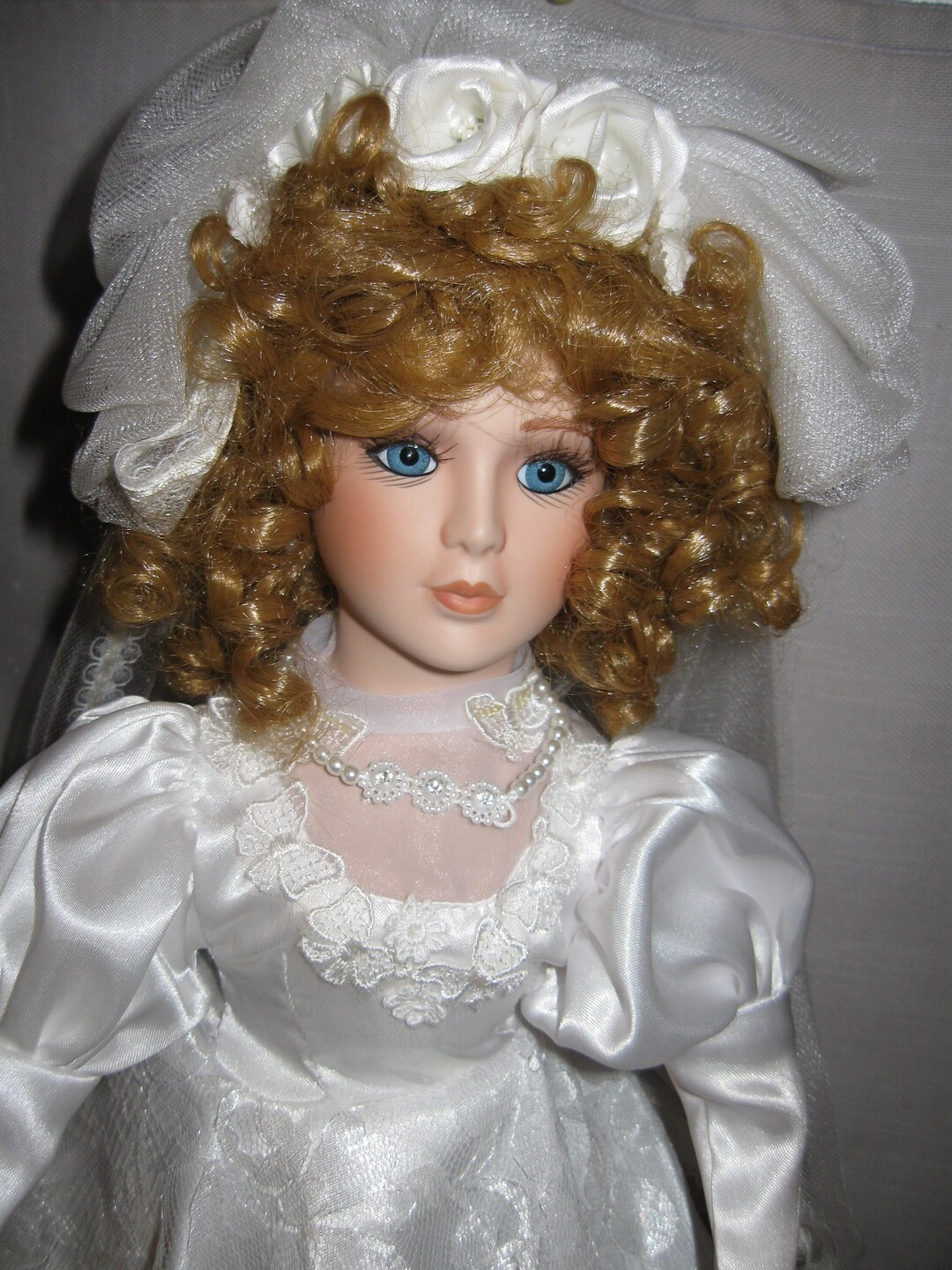 Doll Porcelain Bride 21 Tall Blond Hair Blue Eyes Faux Etsy