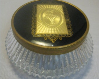 Trinket Powder Box Clear Rib Design Glass Black Lid Gold Basket Frame Design