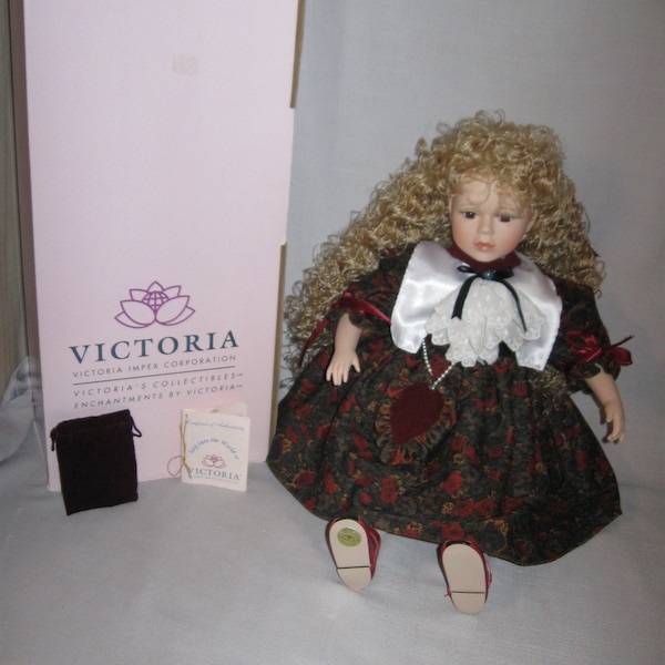 Doll Porcelain Blonde Hair Brown Eyes Long Lashes Olive Burgundy Gold Flower Dress Purse and Pouch To Match Name Jocelyn Victoria Impex 1994