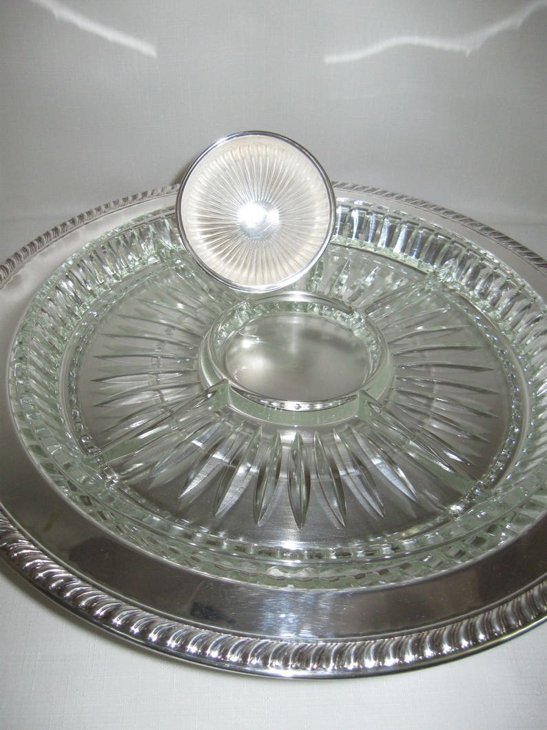 Lazy Susan Silver Plate With Glass Insert 1 Piece 4 Divisions Etsy