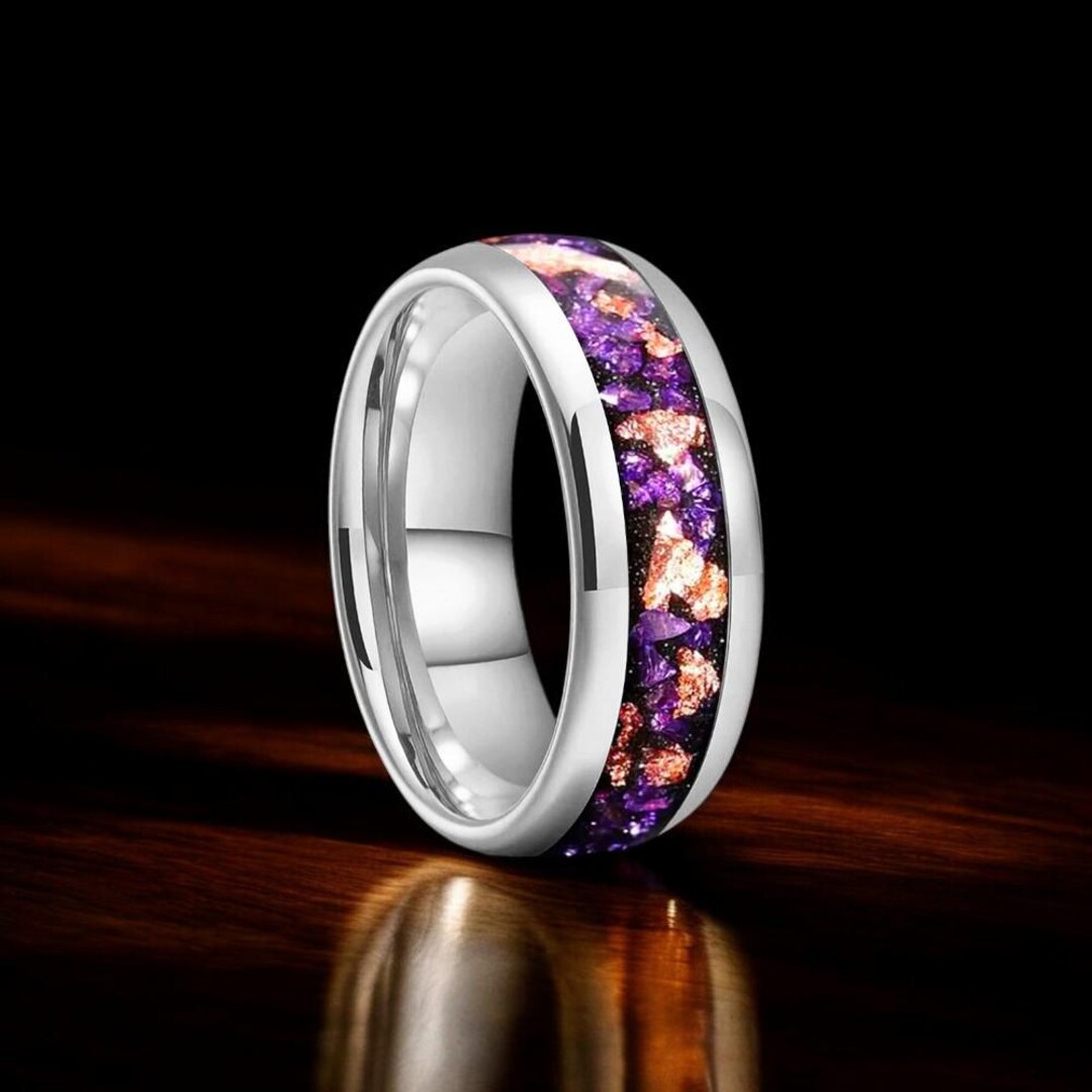 8MM Tungsten Wedding Ring Amethyst Gold Stone Inlay Center Groove Band ...