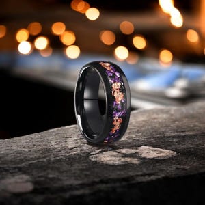 Amethyst Tungsten Ring with Rose Gold Leaf Inlay – 8mm/4mm Wedding Band for Men & Women, Unique Couple Ring, Gift for Anniversary or Vows