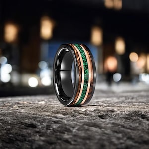 Whiskey Barrel Wood & Green Opal Tungsten Ring - 8mm Men&#39;s Wedding Band