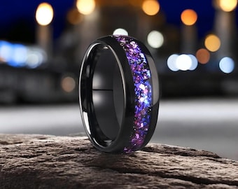 Amethyst Nebula Tungsten Ring: Space-Inspired Wedding Band