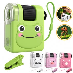 May include: A green handheld microscope with a frog face design, a black roller, and a green lanyard. Additional images show a green clip and other microscopes with panda, pig, and bear designs.