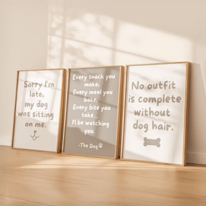 May include: Three framed prints with humorous dog-themed quotes. The first says, "Sorry I'm late, my dog was sitting on me." The second reads, "Every snack you make... I'll be watching you." The third says, "No outfit is complete without dog hair."