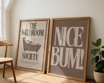 Conjunto de Arte de Parede para Banheiro, Impressão "The Bathroom Society", Pôster "Nice Bum", Decoração de Banheiro Marrom, Dupla Divertida para Banheiro, Arte para Download Digital