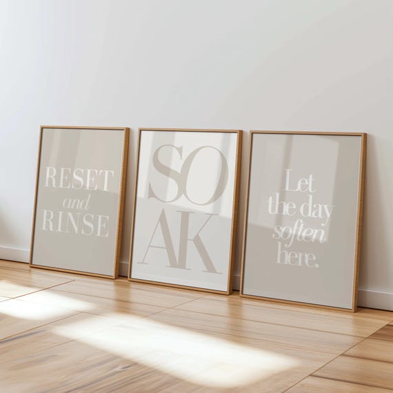 Neutral Bathroom Wall Art Set of 3 Printable, Beige Spa Bathroom Decor, Reset and Rinse Soak Prints, Minimal Bathroom Quote Art Download