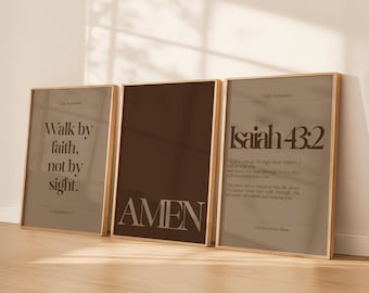 Moderne christliche Wandkunst 3er-Set | Tägliche Erinnerung Schrift Drucke | Neutraler Glaube Bibel Vers Dekor | Jesaja 43: 2, Wandeln im Glauben, Amen